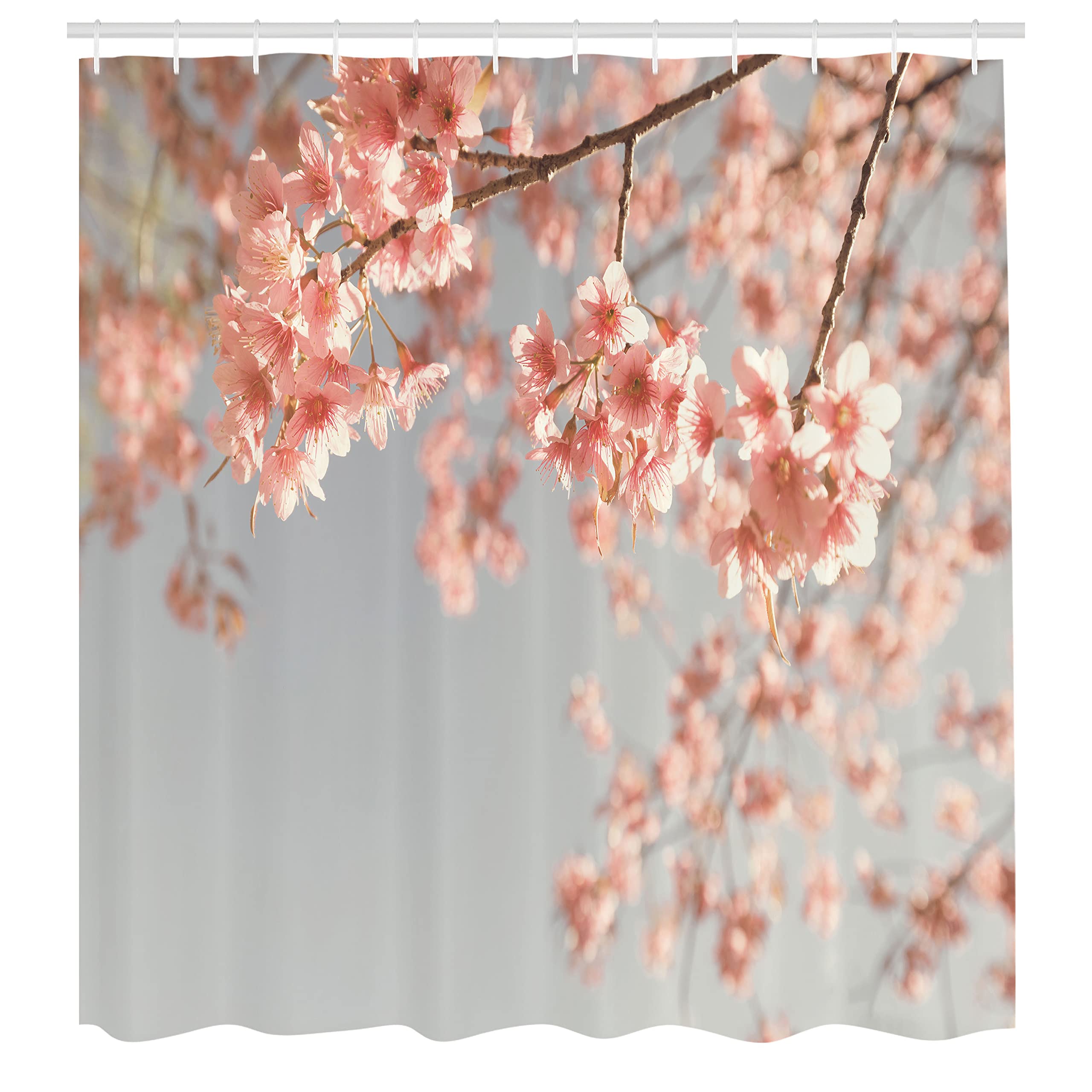 Ambesonne Peach Shower Curtain, Japanese Scenery Sakura Tree Cherry Blossom Nature Photography Coming Of Spring, Cloth Fabric Ba